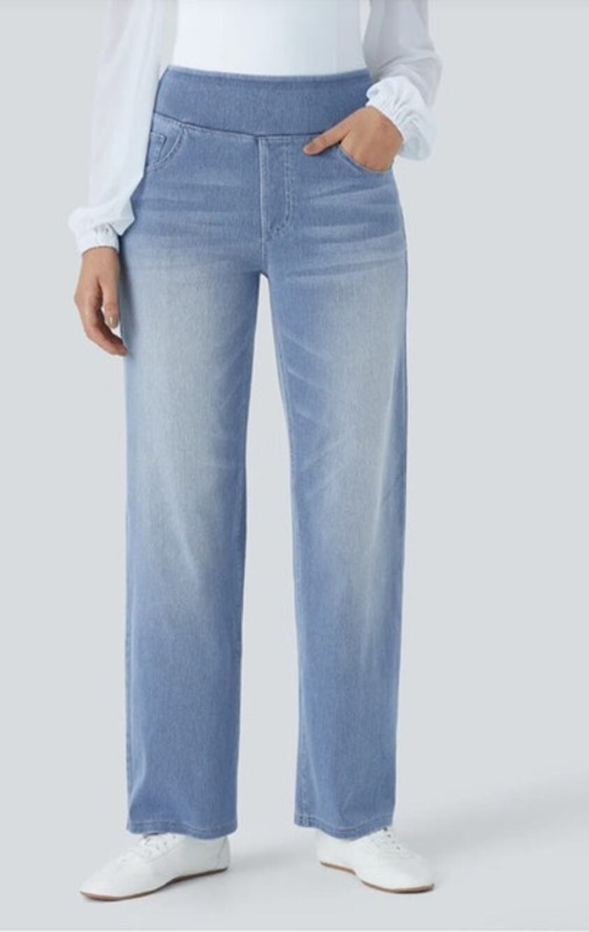 Halara Flex™ High Waisted Jeans Pockets Straight Leg Washed Casual NWT L
